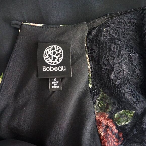 Bobeau Black Floral Shift Dress Womens Sz S Laced Shoulders Inverted Pleat Front - Picture 8 of 11
